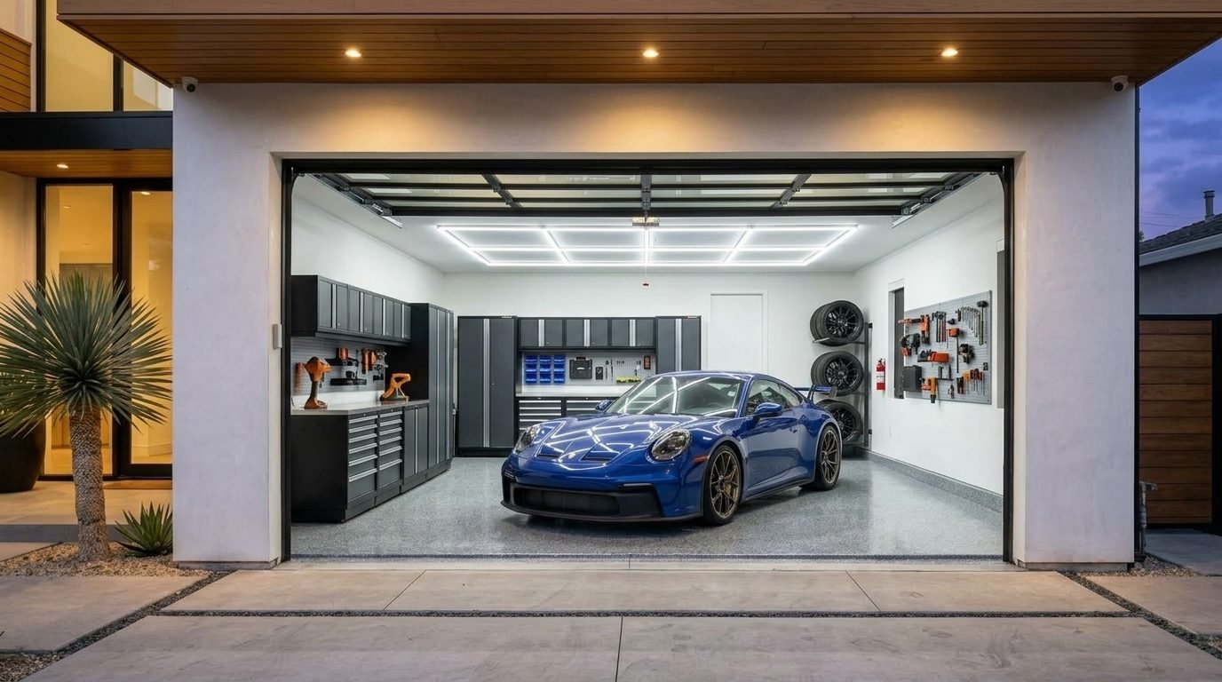 Masri Garage Door Service Interior View of Custom Garage Door Overhead and Workshop
